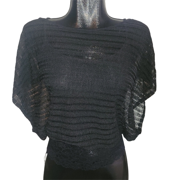 Eclipse Black Mesh Short Drop Sleeve Top with Attached Tank Top S - Picture 1 of 5